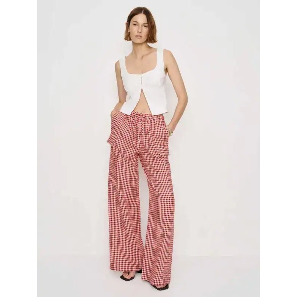 Reformation Ethan Linen Pant Tomato Check Red Gingham Cargo Pants Size S NEW